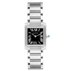 Cartier Tank Francaise Black Dial Steel Ladies Watch W51026Q3. Quartz movement. Rectangular stainless steel 20.0 x 25.0 mm case. Octagonal crown set with a blue spinel cabochon. . Scratch resistant sapphire crystal. Black dial with white radial Roman numerals. Sword shaped steel hands. Secret Cartier signature at X. Stainless steel bracelet with hidden butterfly clasp. Will fit up to 7" wrist. Cartier Tank Francaise, Stainless Steel Tanks, Blue Spinel, Expensive Watches, Cartier Tank, Cartier Watch, Buy Watches, Rose Gold Bracelet, Gold Hands