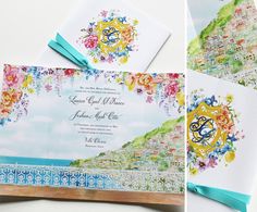 the wedding stationery is decorated with colorful flowers