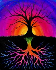 a painting of a tree with colorful roots