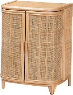 a wooden cabinet with wicker doors and handles