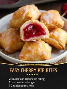 cherry pie bites are stacked on top of each other in a white bowl with the words easy cherry pie bites below it