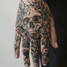 Skeleton Half Sleeve Tattoo, Skull Calf Tattoos For Women, Hip Tattoos Women Skull, Black And Grey Filler Tattoo Ideas, Skull With Plants Growing Out Of It, Flowers With Skulls Tattoo, Skull With Hair Tattoo, The Cycle Ends Here Tattoo, Dark Boho Tattoo