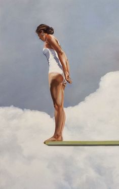 a painting of a woman standing on a surfboard in the air with clouds behind her