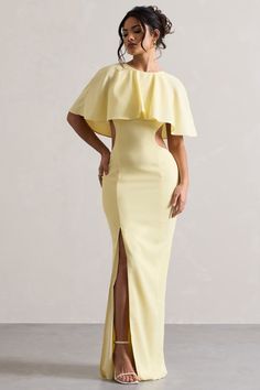 Isadora Pastel Yellow Cut-Out Split Maxi Dress With Cape – Club L London - USA Pastel Maxi Dresses, Wedding Features, Dramatic Dresses, Romantic Maxi Dress, Dress With Cape, Midi Bridesmaid Dress, Club L London, Yellow Maxi Dress, Leg Split