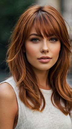 Flattering Feathered Layers with Fall Hair Colors Copper Brown Shine for All Face Shapes 🌼 Medium Copper Brown Hair, Fall Copper Hair, Brown Orange Hair, Fall Hair Colors Copper, Copper Brown Hair Color, Copper Brown Hair, Light Auburn Hair, Feathered Layers, Darker Hair