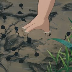 a person's foot in the water with rocks and grass around it, while another hand reaches for something