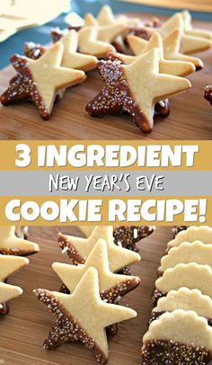 3 ingredient new year's eve cookie recipe on a cutting board with cookies in the shape of stars