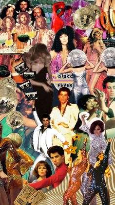 the collage shows many different people dressed in disco outfits and hats, including one woman with