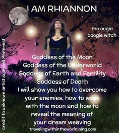 a woman standing in front of a full moon with the words i am rhannon