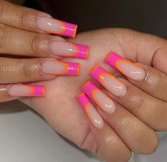 #pink #orange #neoncolors Cute Square Nails, Design Square Nails, Nails Unique, Drip Nails, Simple Look, Long Acrylic Nails Coffin, Long Square Acrylic Nails