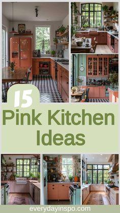 pink kitchen ideas with green accents and wood floors