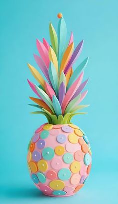 a brightly colored pineapple with lots of colorful buttons on it's side, against a blue background