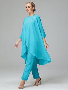 Simple 3 Pieces Chiffon Mother Of The Bride Dress Pants Suits Spring Chiffon Sets For Wedding Guests, Spring Wedding Guest Chiffon Sets, Chiffon Sets For Wedding Guests, Summer Formal Chiffon Sets, Spring Evening Chiffon Sets, Summer Blue Chiffon Sets, Blue Chiffon Party Sets, Dress Pant Suit, Lace Neckline