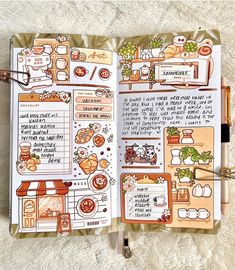 an open planner with lots of stickers and writing on the pages, sitting on top of a white rug