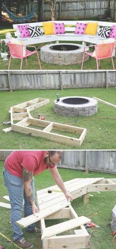 a woman is building a fire pit out of pallet wood and some other things