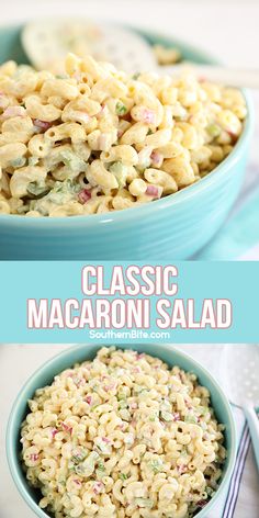 macaroni salad in a blue bowl with the words classic macaroni salad