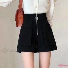 Qteee - Black Exposed-Zipper Wide-Leg Shorts - Solid-Colored, High-Waisted, Straight-Cut Casual Pants Cut Shorts, Exposed Zipper, Zipper Detail, Casual Look, Black Casual, Straight Cut, Solid Black, Classic Black, Wide Leg Pants