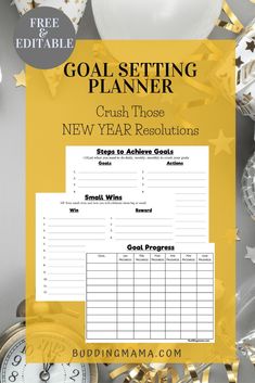 a goal setting planner with gold and white decorations