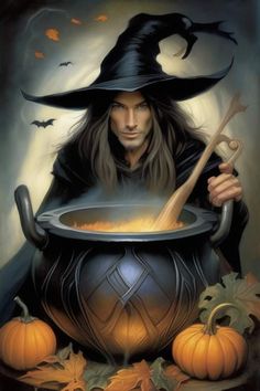 a painting of a wizard stirring a caulder with pumpkins and bats around it