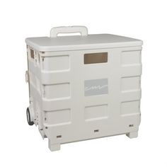 a large white cooler with wheels on the front and side, sitting against a white background