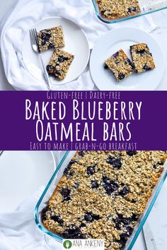 baked blueberry oatmeal bars on white plates with purple text overlay