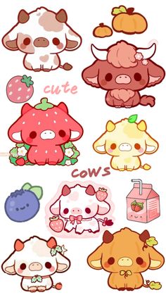 various stickers with different animals and fruits on them, including one that says cutie cows