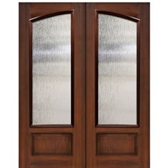 the double doors are made from wood and have frosted glass panels on each side