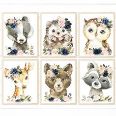 four different pictures of animals with flowers on their heads and the faces of them are painted in pastel colors