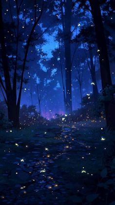 a path in the woods with fireflies lit up at night and stars falling from the sky