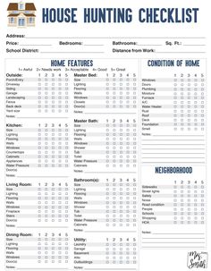 the house hunting checklist is shown in this printable form, which includes numbers and symbols