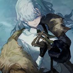 an anime character with white hair and blue eyes is holding a large brown dog in her arms