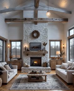 a living room filled with furniture and a fire place in the middle of a room