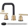 the brass faucet is shown with black handles and two different types of faucets