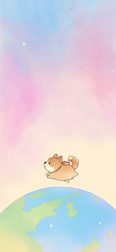 a cartoon dog flying over the top of the world on a pink and blue background