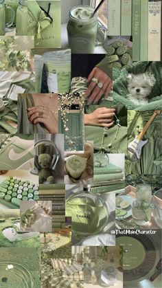 a collage of green and white items