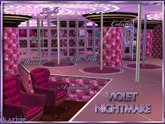 a set of pink chairs and tables in a room with purple lights on the ceiling