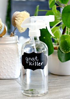 a close up of a bottle of cleaner on a table with plants in the background