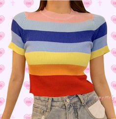 Rainbow Color Block Stripe Knit Top Harajuku Clothes, Stripped Tops, Tony Moly, Rainbow Color, Harajuku Fashion, Rainbow Stripes, Striped Tee, Striped Knit, Rainbow Colors