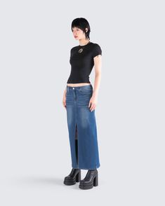 Simple, not basic 😌 Feel good and look even better in this two-piece set featuring a black jersey top paired with a blue denim maxi skirt. The perfect everyday look to dress up or down, period 🖤 Fitted Dark Wash Casual Maxi Skirt, Casual High-waist Maxi Skirt For Night Out, Casual High Waist Maxi Skirt For Night Out, Casual Full Length Maxi Skirt, Casual Full-length Maxi Skirt For Night Out, Casual Full Length Maxi Skirt For Night Out, Denim Maxi, Denim Maxi Skirt, Black Jersey