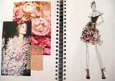 an open notebook with photos and drawings on it, including a dress made out of flowers