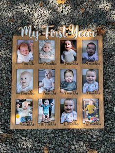 a wooden frame that has photos on it and the words my first year written in gold