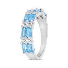 A vibrant addition to your finger stack, this ring grabs attention. Crafted in sterling silver Bright baguette-cut Swiss blue topazes are stacked in horizontal pairs Between, duos of round-cut white lab-created sapphires add shimmer to the look White Lab, Swiss Blue Topaz, Baguette Cut, Ring Sterling Silver, Stacking Rings, Blue Topaz, Round Cut, Topaz, Sterling Silver Rings