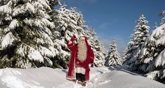 a man dressed as santa claus standing in the middle of a snow covered forest with trees