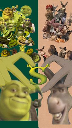 there are many cartoon characters in this collage, one is green and the other is yellow