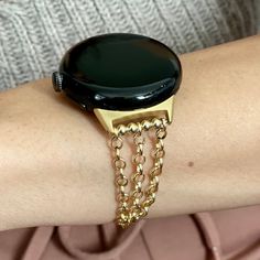 Luxury Google Pixel 2 Watch Bracelet Gold Chain Women Jewelry Band! Tarnish-Free 14K Gold-Filled Pixel Watch Strap Hypoallergenic Watchband!  Please Watch The Video How Easy Is To Put The Bracelet On Your Wrist By Yourself Here  https://www.etsy.com/listing/1279637170/ P R O D U C T ∙ D E S C R I P T I O N ∙ 14K Gold Filled Rolo Chain Bracelet For Google Pixel Watch 2! ∙ Adjustable Size Bracelet Perfectly Tailored for Your Wrist! ∙ Designed And Handmade by Simeon D Jewelry Studio! ∙ Please Measu Adjustable Gold Round Watch Bands, Adjustable Round Gold Watch Bands, Gold Metal Chain Link Watch Bands, Elegant Gold Chain Link Watch Band, Gold Jubilee Bracelet Watch Band As Gift, Adjustable Gold Chain Watch Bands, Gold Chain Link Bracelet Strap Watch Bands, Gold Chain Watch Bands Gift, Gold Chain Watch Bands As Gift