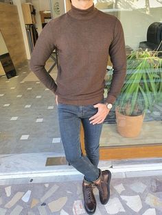 GentWith Lawton Slim Fit Mock Turtleneck Sweater - Brown Mock Turtleneck Sweater, Knitwear Sweater, Brown Shirt, Slim Fit Suits, Winter Outfits Men, Sweater Collection, Street Style Inspiration, Mock Turtleneck, Zulu