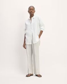 The Linen Easy Pant Stone / White – Everlane Linen Summer Pants For Daywear, Summer Linen Pants For Daywear, Modern Straight Hem Summer Pants, Modern Straight Hem Pants For Summer, Modern Pants With Straight Hem For Summer, Modern Linen Relaxed Fit Pants, Linen Pants With Straight Hem For Daywear, Classic Everlane Bottoms For Spring, Chic Linen Pants For Daywear