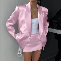 Skirt Is Small Runs A Lil Small And Over Sized Blazer 2 Piece Sets, Satin Blazer, Women Outfit, Pink Satin, Two Piece Set, Skirt Set, Mini Skirt, Two Piece, Satin