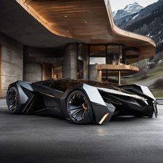 a black and white car parked in front of a building with mountains in the background