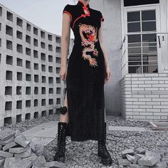 Material: Polyester;Spandex 
Weight: 0.395 KG 
Size:?S-L 
Sku: D108 Gothic Women, Mode Ulzzang, Streetwear Dress, Vintage Midi Dresses, Dress Sleeve Length, Cheongsam Dress, Split Dress, Gothic Dress, Chinese Dress